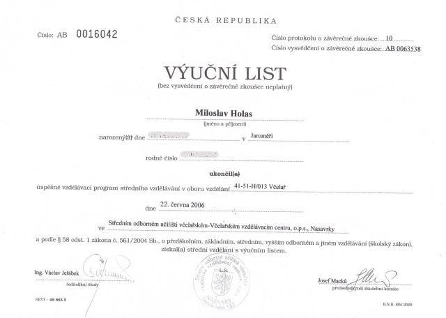 Výuční list obor: včelař